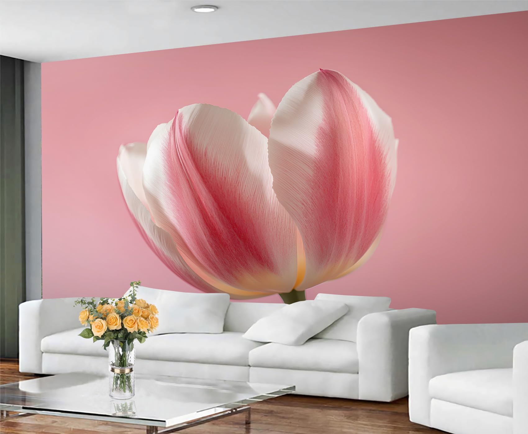 GIVLWF Tulip Wallpaper, Pink Floral Self Adhesive Wallpaper for Living Room, Cute Pink Wall Paper for Bedroom, Boho Wildflower Wall Mural, Country Flowers Large Mural & Room Decor