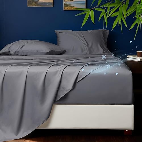 HYPREST Sábanas Cal King, Rayón Derivado de Bambú, Bolsillo Extra Profundo se Ajusta a Colchones de 18"-24" de Grosor, Gris Sedoso Suave Sin Sudor