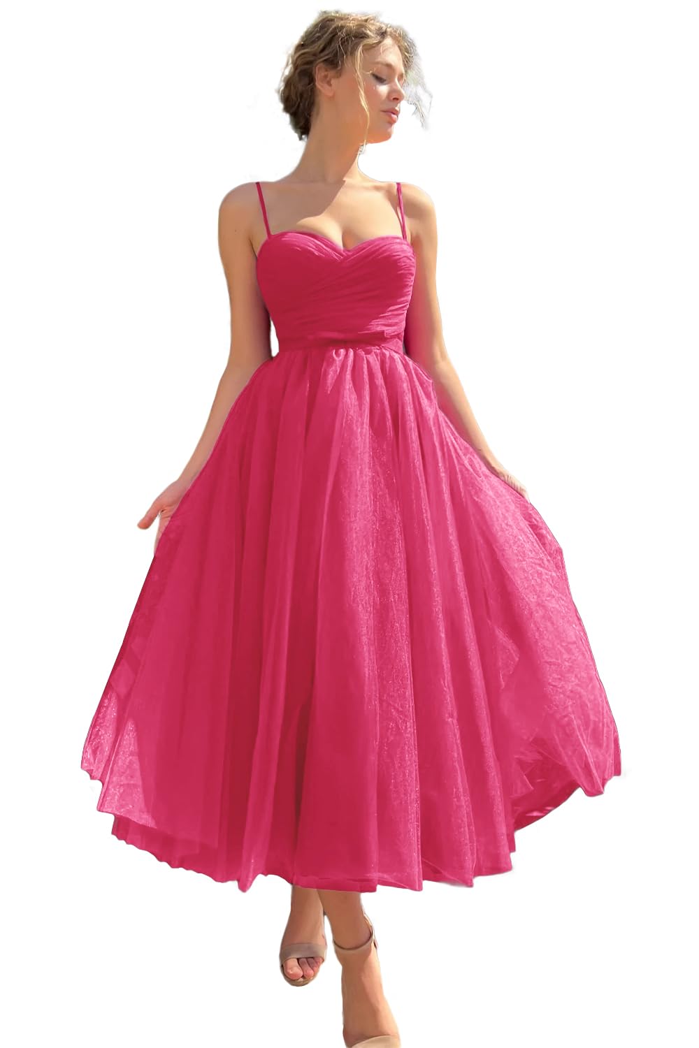 Sevintage Spaghetti Straps Tulle Prom Dress Tea Length Formal Party Evening Dress with Pockets