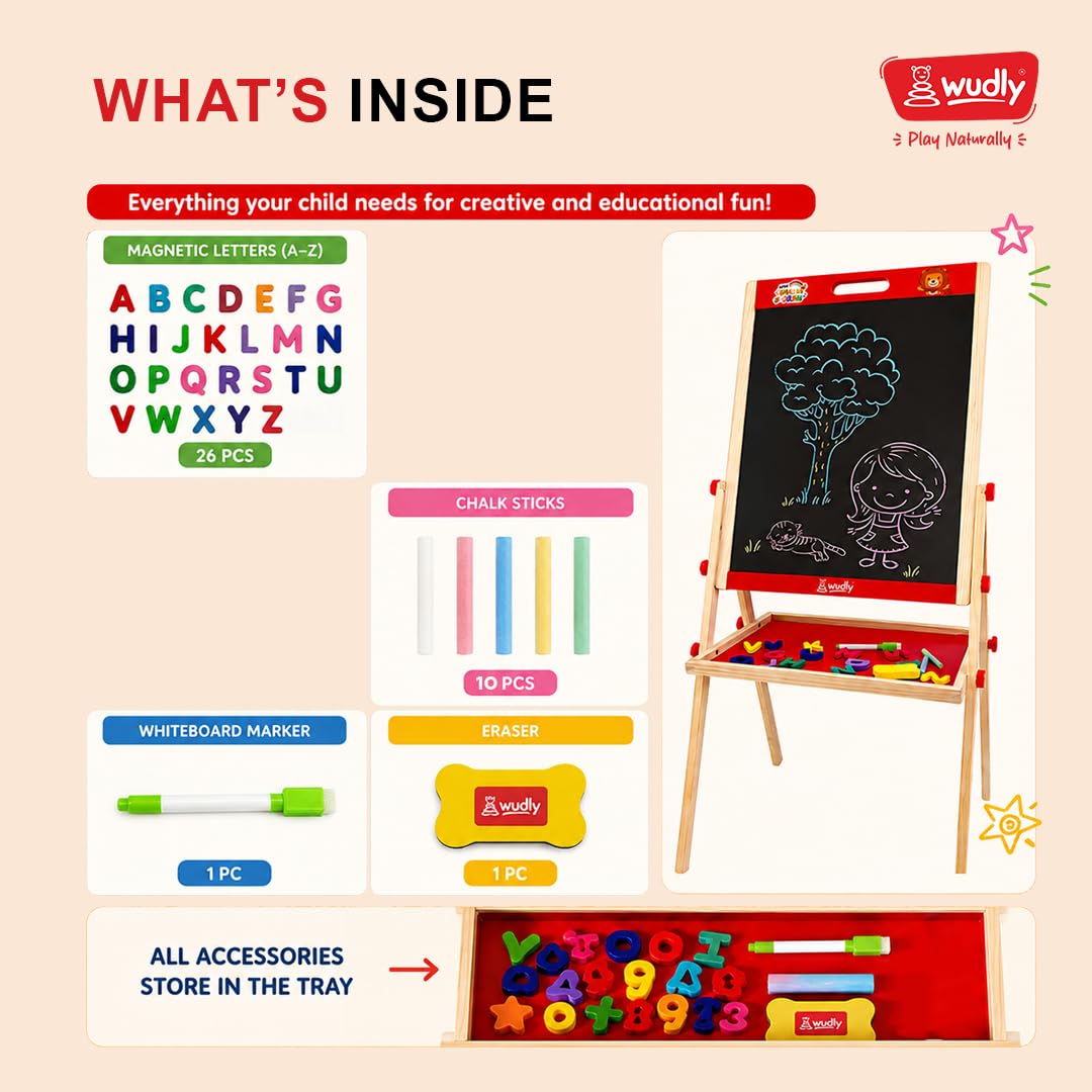 Wudly 3in1 Wooden Easel Board for Kids - Double Sided Magnetic Whiteboard and Blackboard with Chalk Duster Marker Adjustable Height Drawing & Writing Board Learning Writing Board for 3+ Years 3