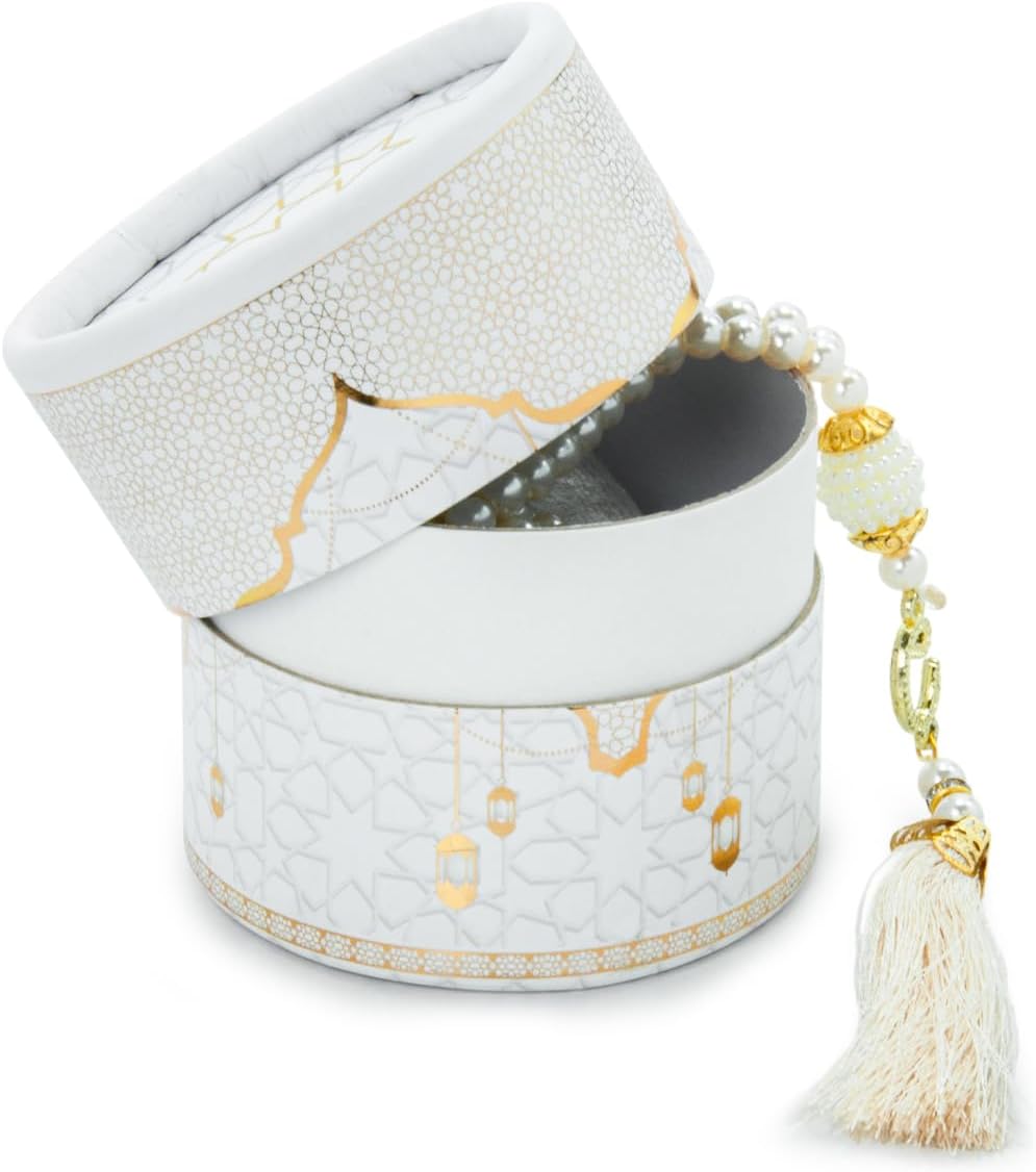 ihvan online Mini Quran & Tesbih Gift Set with Cylinder Box – 99 Pearl Muslim Prayer Beads, Misbaha Tasbeeh Sibha Mala – Islamic Ramadan, Eid & Mawlid Gift for Men & Women, White