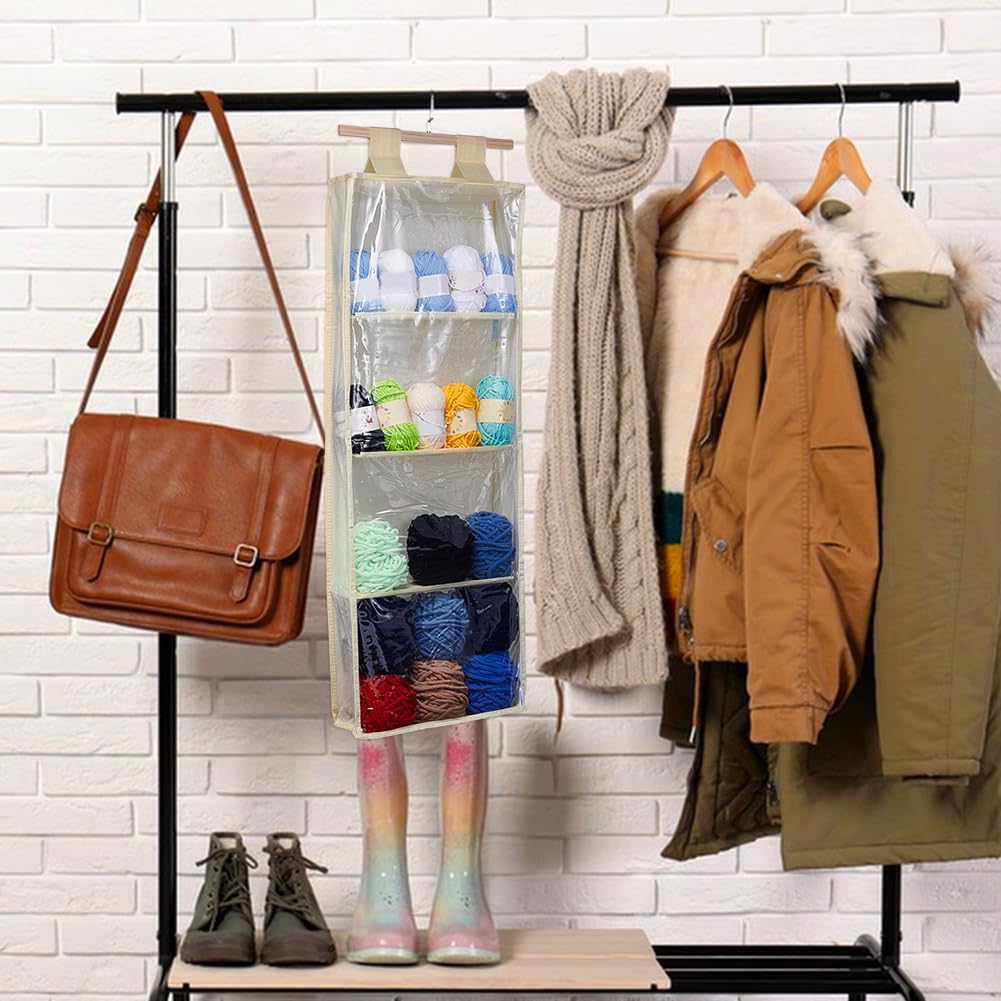 UNICRAFTALE Contenitore per filati da appendere con 4 grandi tasche trasparenti beige, organizer per maglieria, con chiusura lampo, supporto per indicatore di filo sopra la porta per gomitoli di