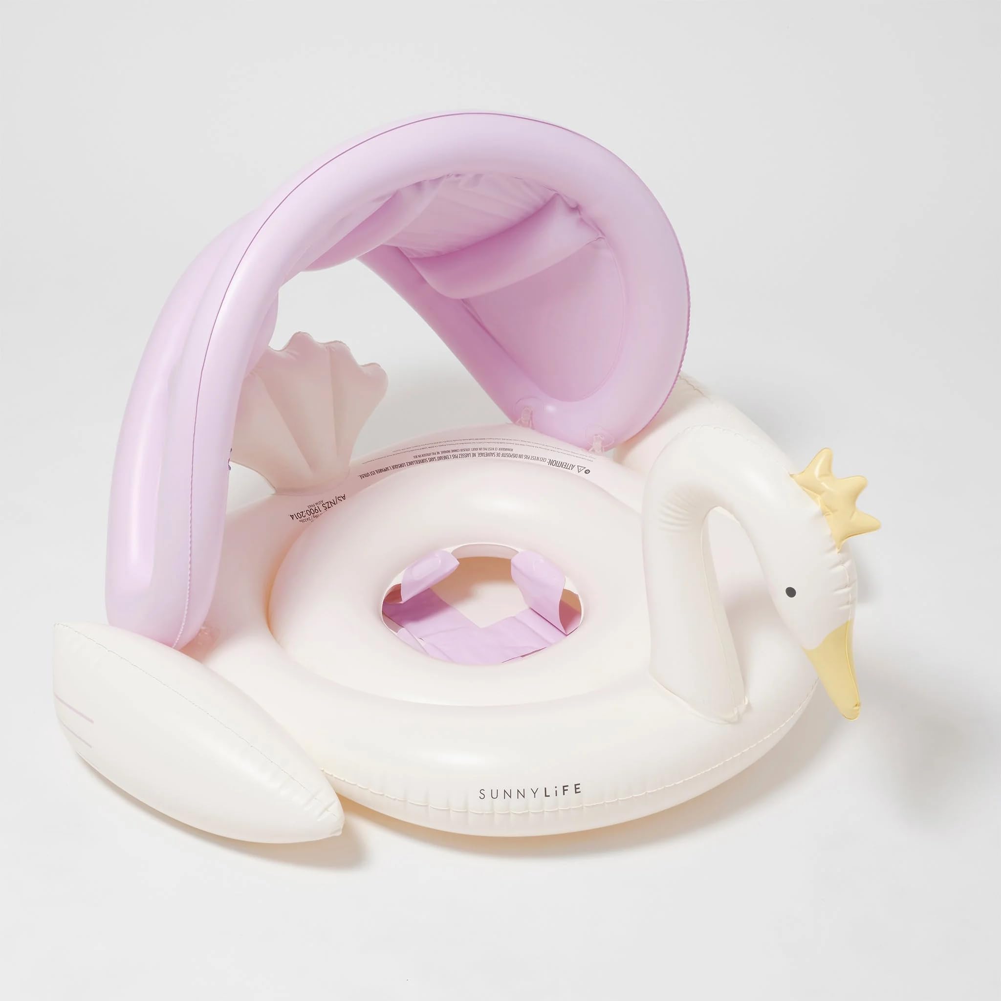 SunnylifeBaby Float - Princess Swan Multi. Designed for Babies Aged 1-2 or 24-33lbs. with Removable Sun Canopy, Soft Leg Supports and Inflatable Head Rest for Comfort. Durable Non-Toxic PVC