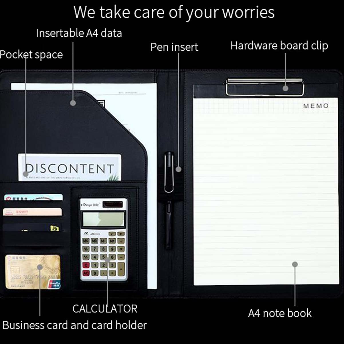 Teczka A4, teczka z organizerem, biznesowa, ze skóry PU kalkulatorem, notes, konferencyjna, na dokumenty CV(Black,8 digit calculator)