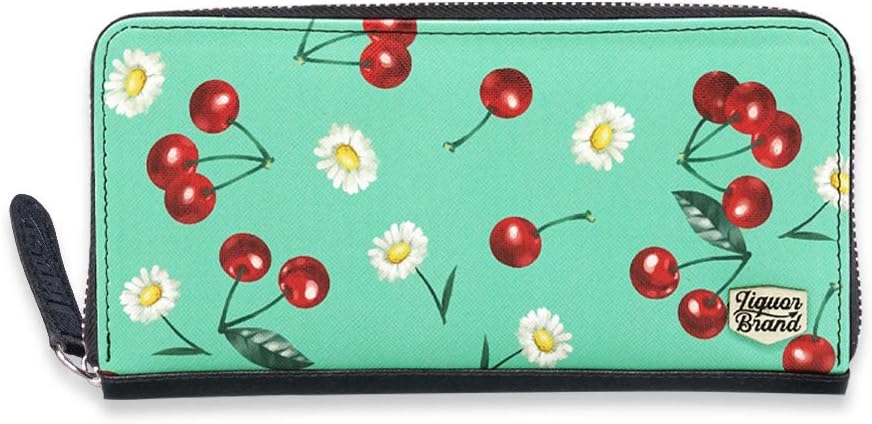 Liquorbrand Cherry Daisy Green Women's Zip Around Wallet