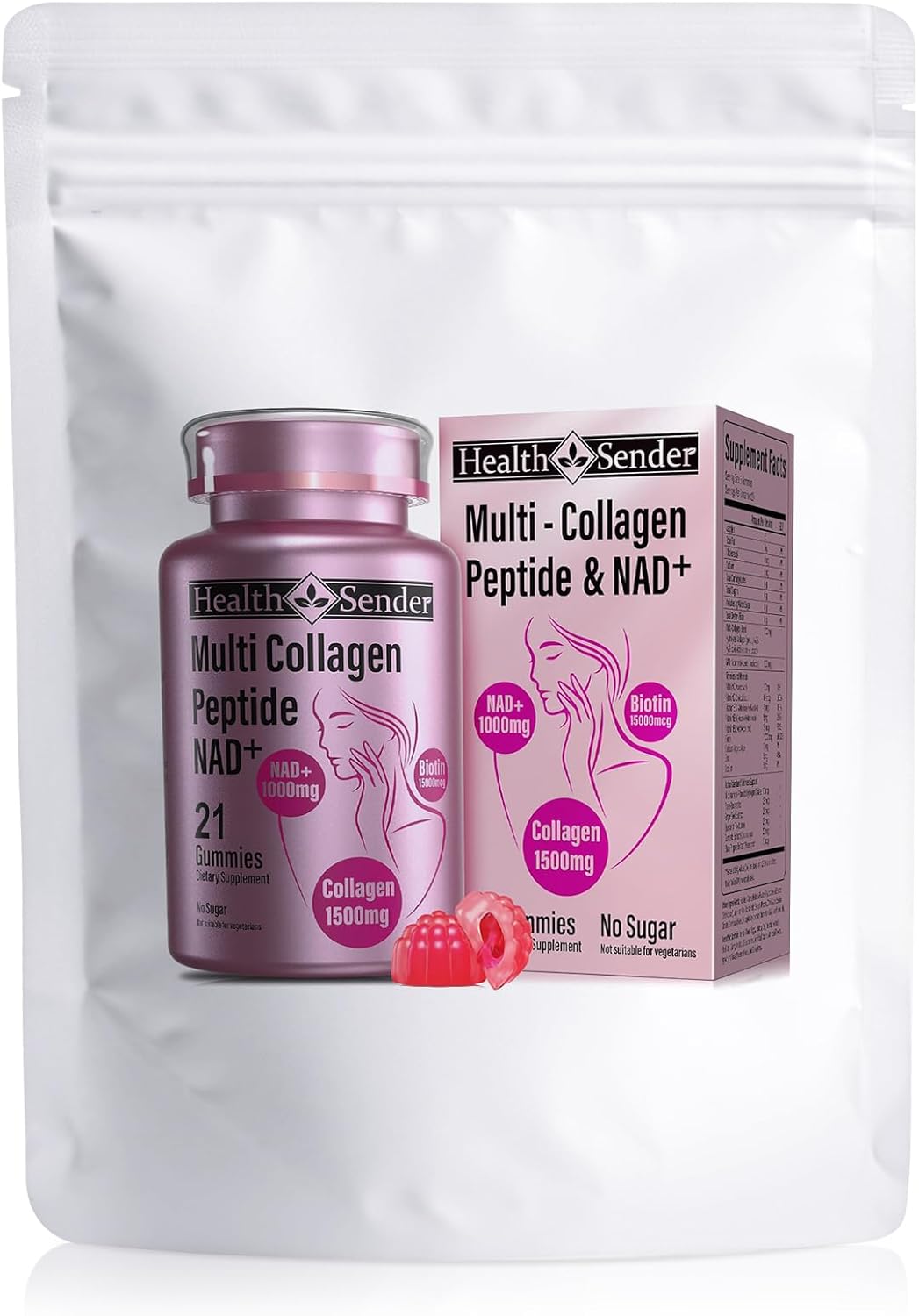 Protein Gummies Hydrolyzed Collagen Peptide Gummy, Sugar-Free 1500mg Type I,II,III,V,X Man&Woman Collagen Supplement with 1000mg NAD 15000mcg Biotin for Skin,Hair,Nails,Energy