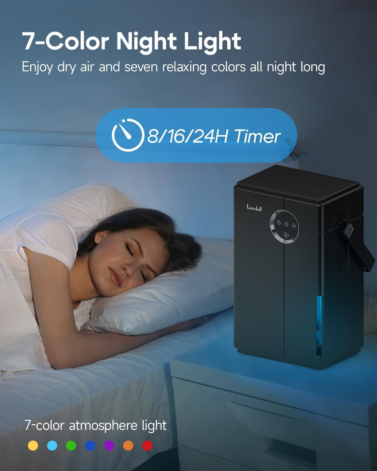 Small Dehumidifier with Drain Hose, Portable Dehumidifier for Bathroom, 118oz Dehumidifiers for Home 800 sq ft with 7 Colorful Light, Quiet Dehumidifiers for Bedroom RV Closet Basement