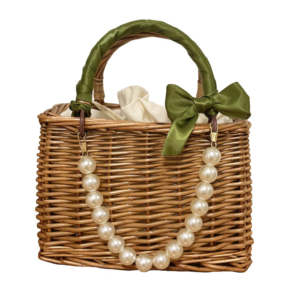 Mikikit Borsa da Spiaggia in Vimini Catena Decorativa e Nastro