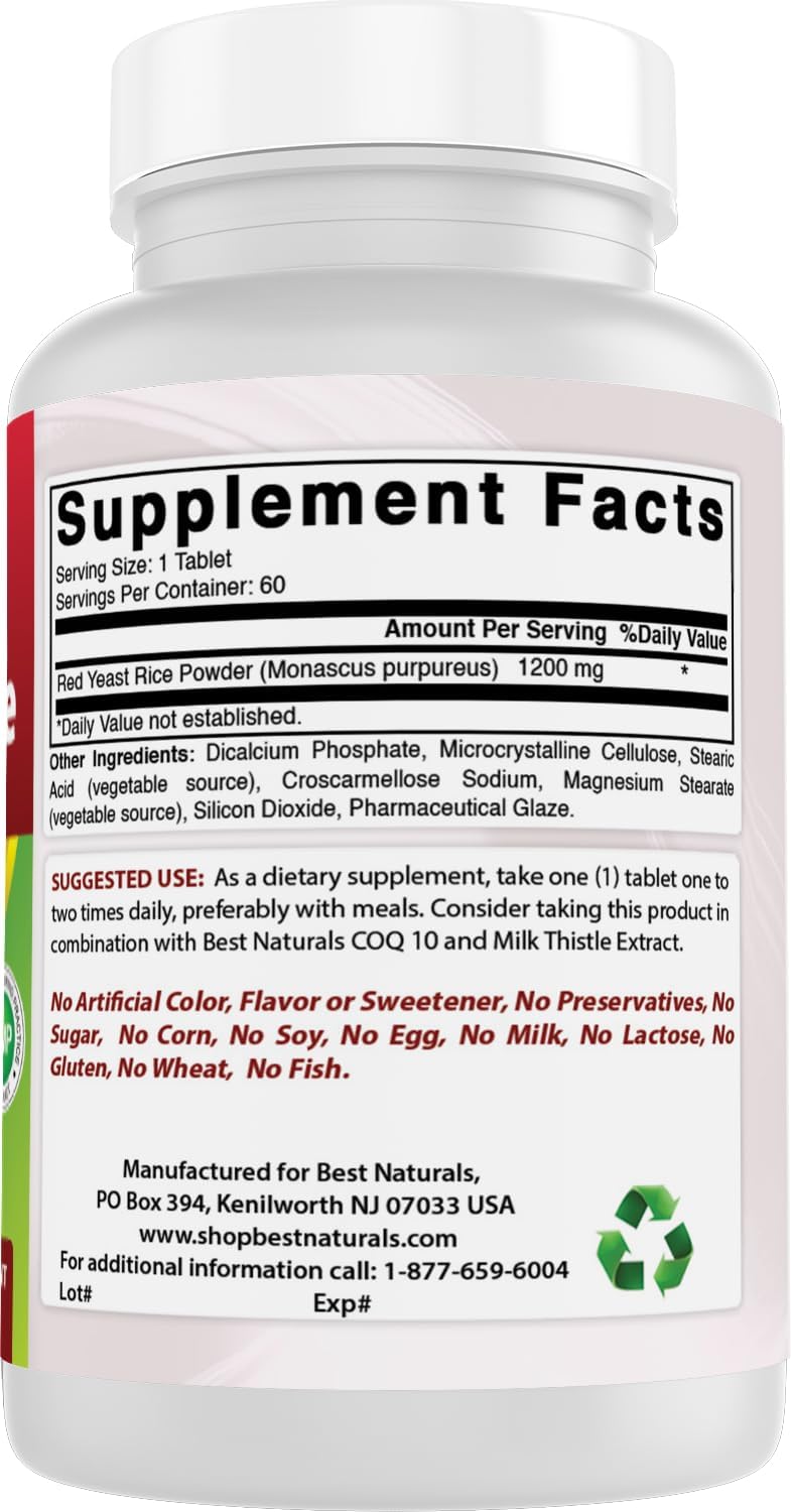 Best Naturals Red Yeast Rice 1200 Mg Tablet for Healthy Cholesterol Level, 60 Count (Pack of 6)