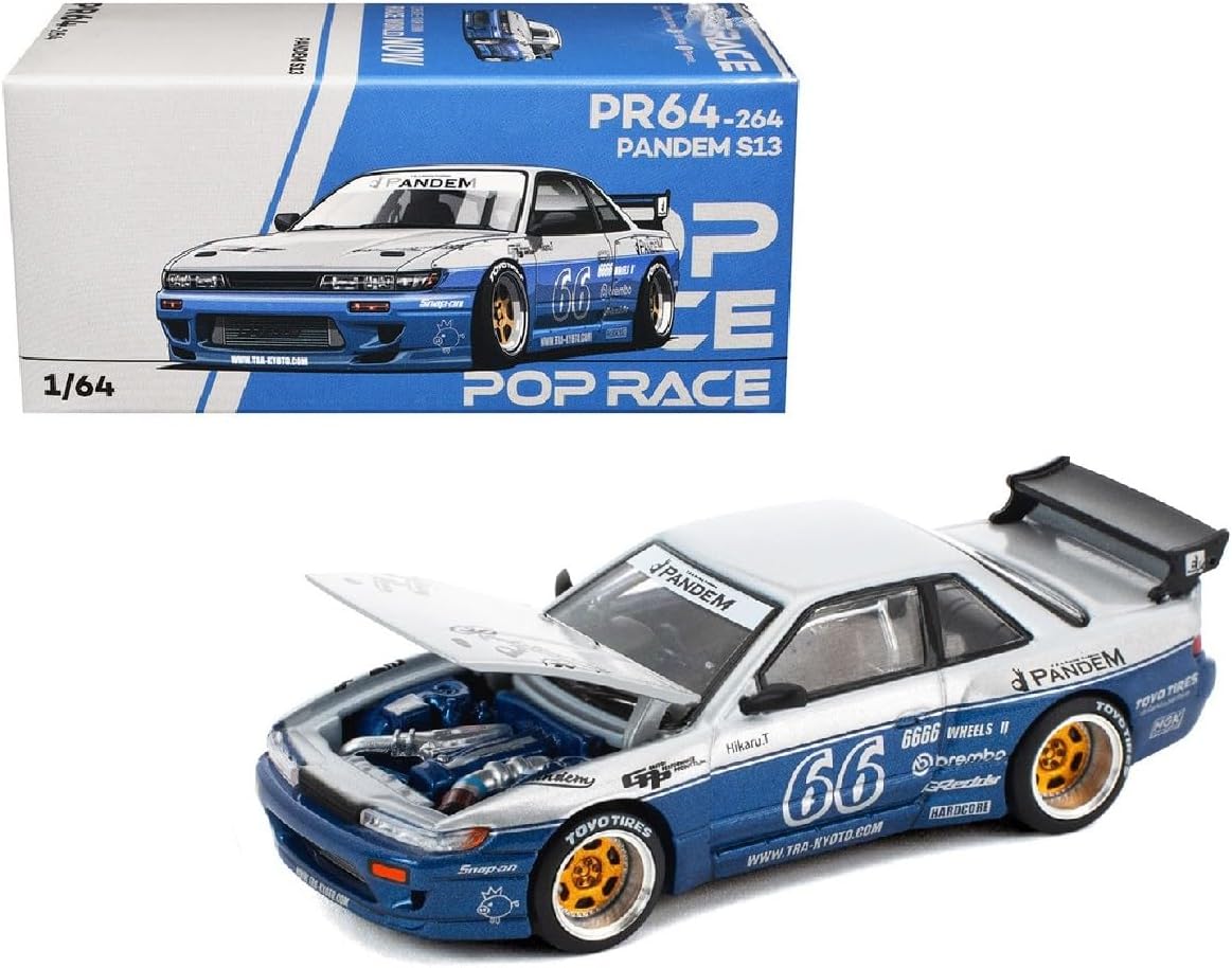 Diecast Model Car Compatible with Pop Race 1:64 Nissan Silvia S13 Pandem Moontech Blue Limited Edition PR640264
