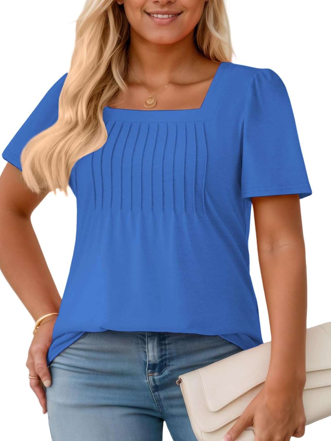 VISLILY Plus-Size-Womens-Summer-Tops Trendy Square Neck T Shirts Cute Flowy Pleated Tunics Casual Short Sleeve Blouses XL-5XL - Image 2