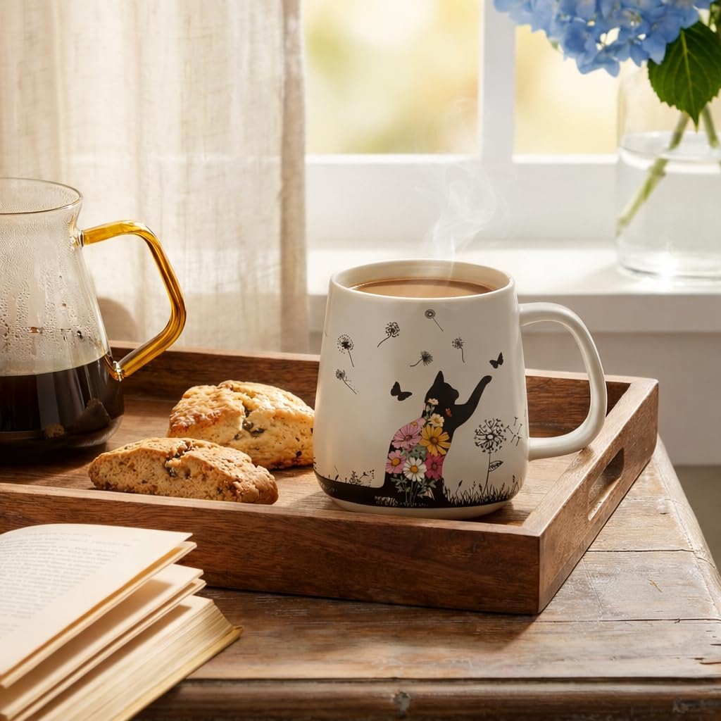 Color Changing Coffee Mug 13oz for Cat Lovers - Heat Sensitive Black Cat Ceramic Hot Drink Cup with Floral Reveal, Funny Gifts for Women, Men, Friends