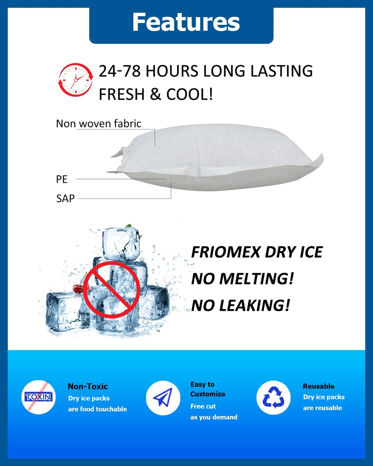 Friomex Dry Ice Packs for Shipping - Keep Your Frozen Items Fresh with Disposable Ice Packs for Food and Coolers - Perfect for Shipping Frozen Food in a Box - Convenient Dry Ice Delivery 120 Packs