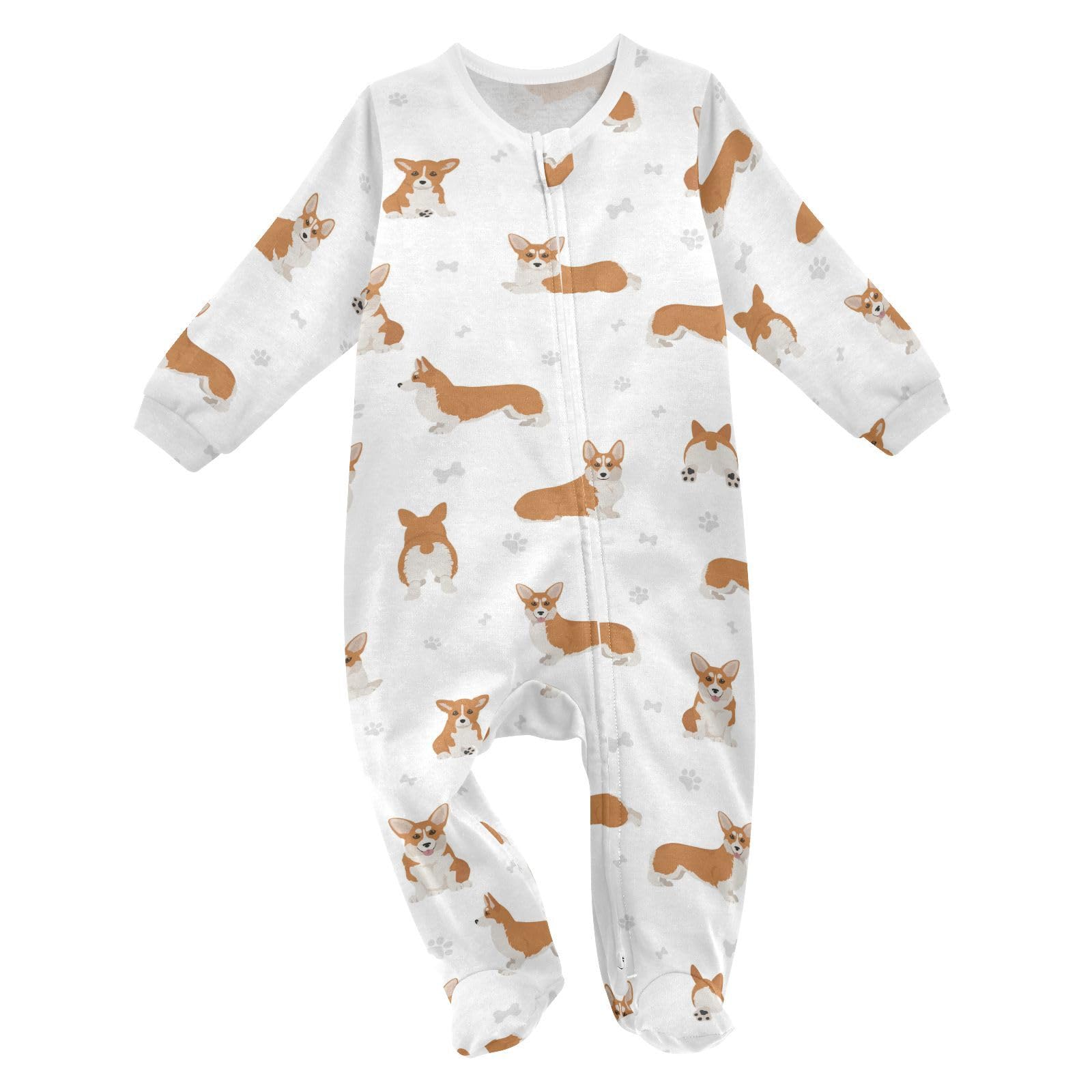 Welsh Corgi Baby One-Piece Footies Paw Long Sleeve Rompers Pajamas Zip Front Pjs for Boys Girls kids 9M