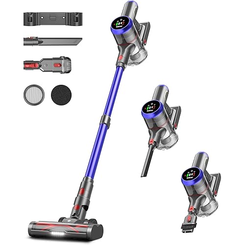 Cordless Vacuum Cleaner, 550W 45kPa 65Mins Vacuum Cleaners for Home with LED Display, Self-Standing Stick Vacuum with Anti-Tangle Brush, Rechargeable Vacuum Cordless for Pet Hair/Carpet/Floor