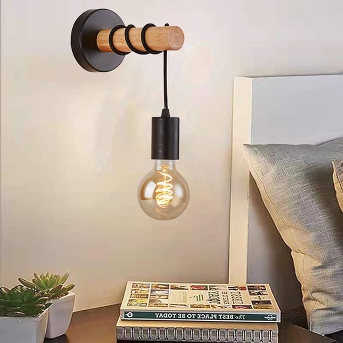 Mengjay Industriële wandlamp, voor binnen, vintage, wandlamp van hout en metaal, hangende wandverlichting van metaal, E27-fitting, retro wandlamp voor woonkamer, slaapkamer, trap, hal (zwart) photo 2