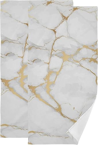 Juego de toallas de baño de mano de mármol blanco dorado altamente absorbentes, suaves, para colgar, teñido anudado, 2 unidades