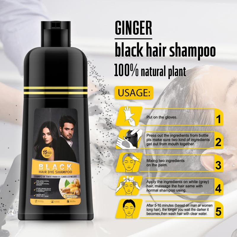 Gegong 500ml Ginger Black Hair Shampoo, Ginger Shampoo Fast Black Hair Hair Color Dye Nourishing, 2-in-1 Semi Permanent Shampoo Last 30 days,5 Minutes Finsh
