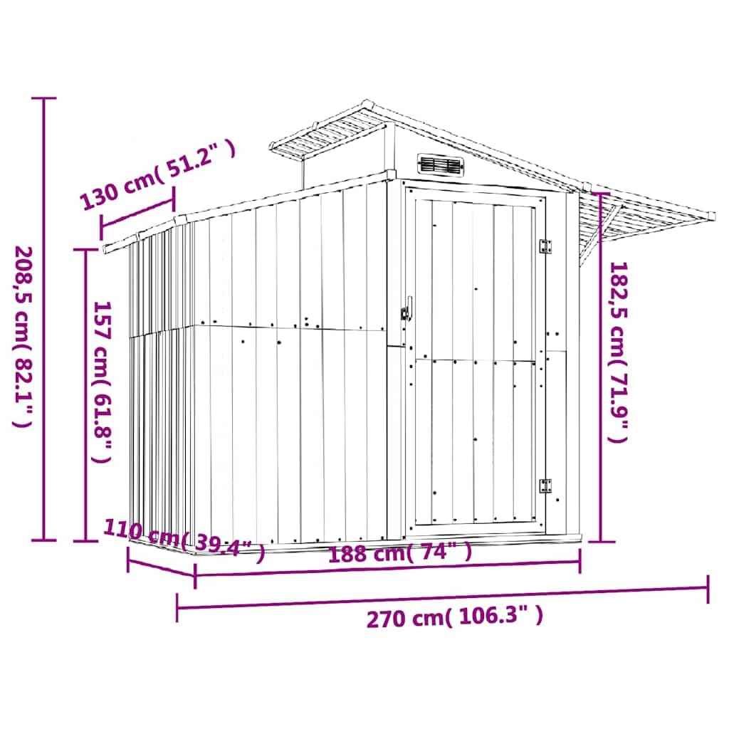 Cobertizo verde 270 x 130 x 208,5 cm de acero galvanizado, cobertizo de jardín con puerta, techo y ventilación para herramientas de jardín, bicicleta, cortacésped, barbacoa, almacenamiento