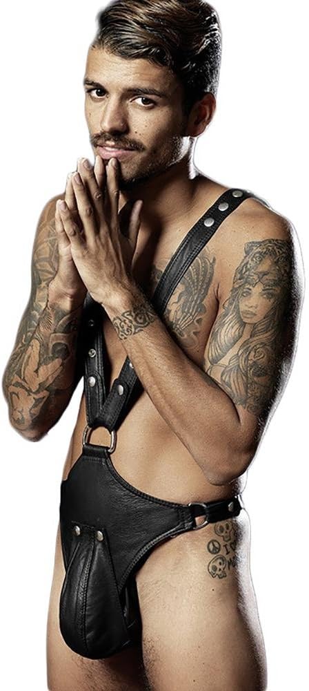 DFGHGXCNBX New Men Sexy Leather Bodysuit Sexy Bandage Bodywear Top Club Punk Dance Gay Wear Sexy Costume, XXL