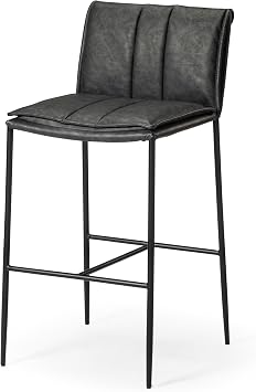 Maven Lane Gerard Bar Stool 29 Inches Square Stool with Footrest Black Metal Frame & Dark Grey Faux Leather Upholstery Ideal for Bars, Pubs and Tall Kitchen Counters