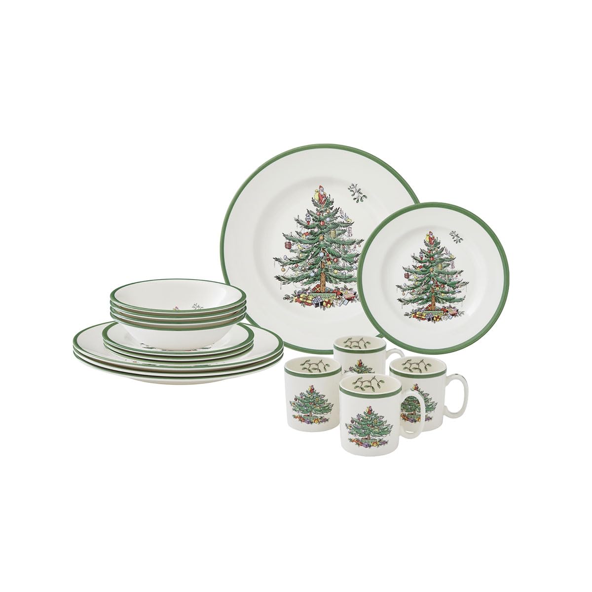 Christmas Tree 16-Piece Dinnerware Set, Service for 4, with Dinner Plates, Side Plates, B…
