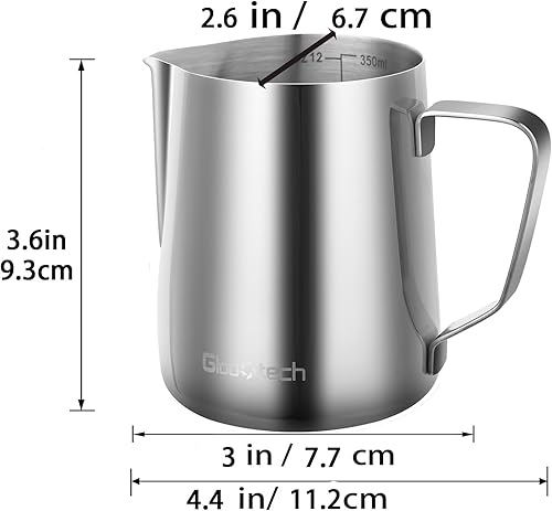 Miniatura 2 de Jarra de espuma de leche de acero inoxidable de 12 onzas, 11.8 fl oz, accesorios para máquina de café expreso, jarra al vapor para tazas de café 01