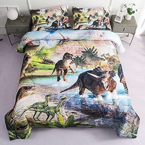 Roscloud Kids Dinosaur Comforter Sets Queen Size Boys Dinosaur Bed Set - 3PC 3D T-Rex Triceratops Tanystropheus Wild Dinosaur Bedding (Comforter x 1 Pillowcase x 2) Cover