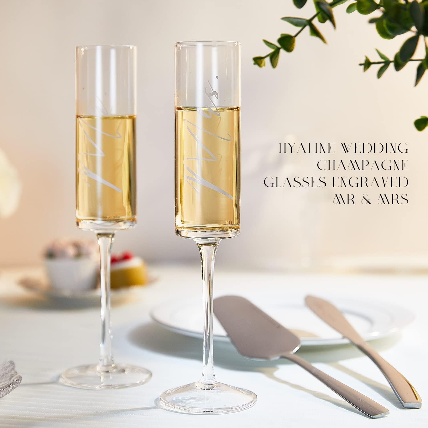 AW BRIDAL Engagement Gifts for Couples Mr and Mrs Champagne Flutes, Bride and Groom Champagne Glasses with Sliver Wedding Cake Knife for Bridal Shower, Mr and Mrs Gifts for Couple Anniversary Wedding - Image 3