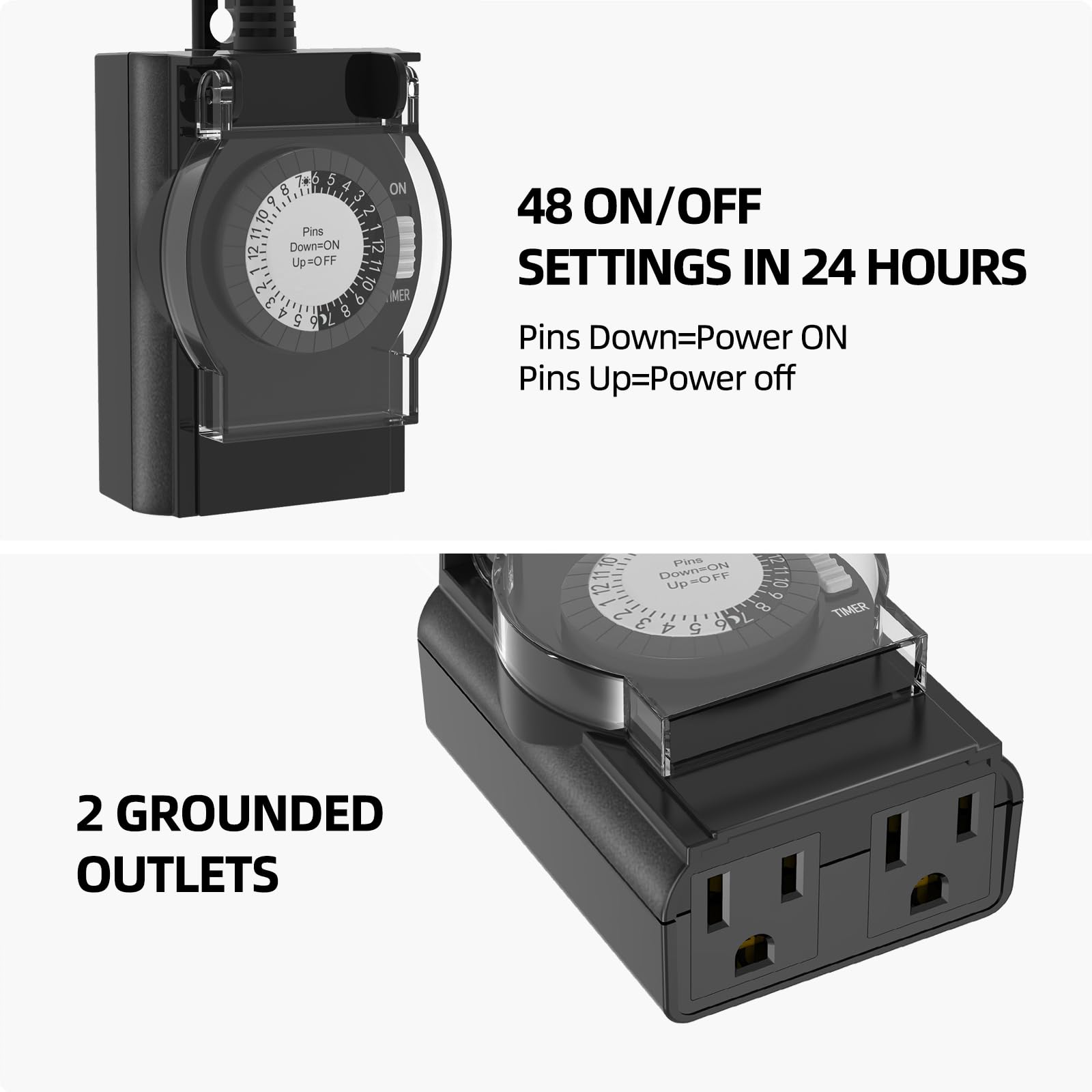 TiFFCOFiO Zewnętrzny wyłącznik czasowy, wodoodporny, 24-godzinny mechaniczny timer światła na zewnątrz, 2 uziemione gniazdka do domu i ogrodu, 15 A 1/2 HP, wytrzymałe, z listą ETL (przedział 30 minut)