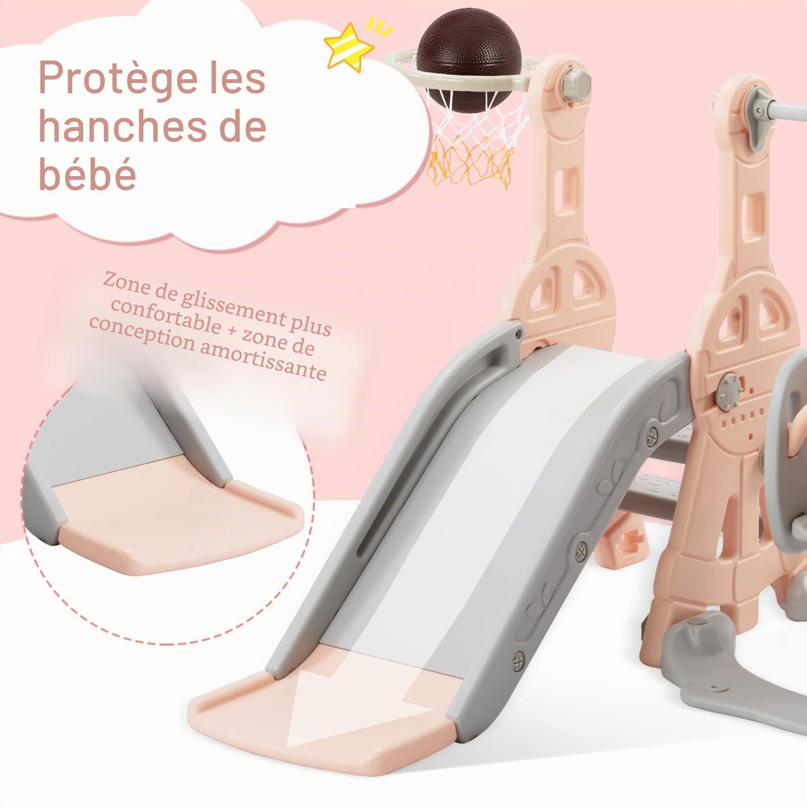 Toboggan et Balancoire pour Bébé, 4 en 1 Parc de Jeux Intérieur avec Toboggan, Escalade, Panier de Basket et Balancoire Ajustable en Hauteur - Ensemble de Toboggan pour Enfant Cadeau