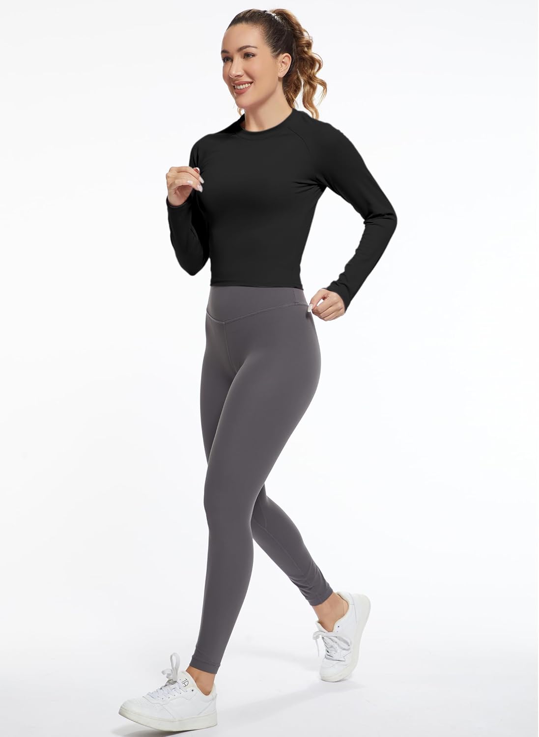 Womens Long Sleeve Crop Workout Tops Yoga Cropped Top Gym Shirts Athletic Clothes Slim Fit - Image 6