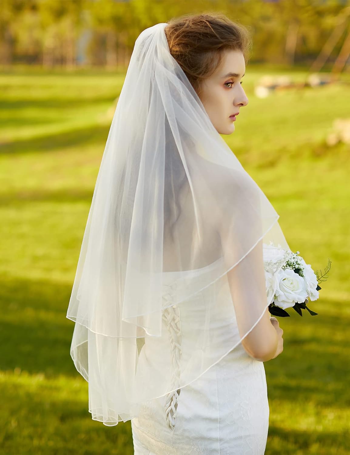 BEAUTELICATE Wedding Bridal Veil with Comb 2 Tier Cut Edge Elbow Fingertip Length Ivory White