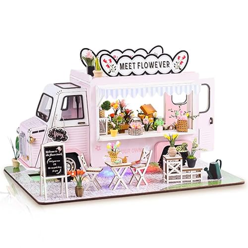 DIY Dollhouse Kit, Wooden Miniature Sunshine Floats 3D Puzzle Flower Cart Furniture Kit Mini House DIY with LED Crafts Adults to Build Best Birthday Gifts