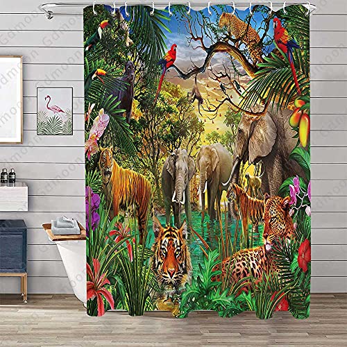 Gdmoon YLCCGD199 Jungle Animals Shower Curtain Tropical Rainforest Tiger Lion Elephant Parrot Tropical Palm Leaves Sunset Safari Park Colorful thumb #7