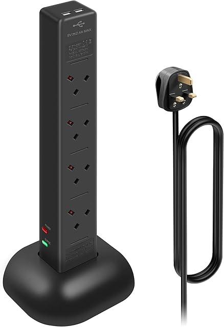 VonHaus Tower Extension Lead 8 Socket + 2 USB With Indicator & Surge Protection - Ideal for Living Room/Kitchen/Gaming/Garage/Entertainment Systems/Home Office
