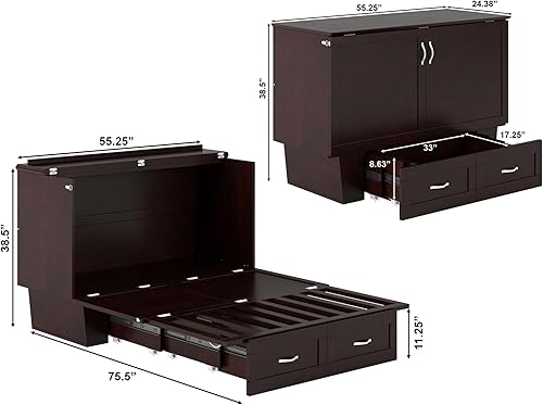 Miniatura 3 de AFI, Monroe - Cómoda de cama matrimonial Murphy con colchón de 6 pulgadas, cajón de almacenamiento y cargador USB integrado, color espresso