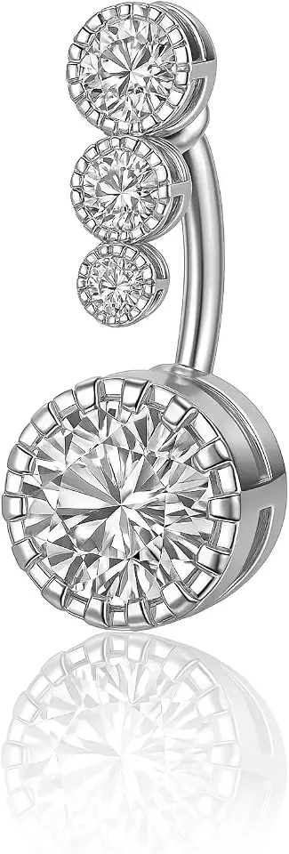 Piercing para Umbigo na cor Prata com Cristais Zircônia, Aço cirúrgico Design Elegante Graduado, 4 Pedras Linda, Joia Corporal