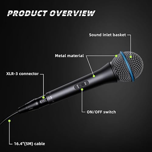 Miniatura 4 de Micrófono dinámico vocal, micrófono de mano de metal con cable para cantar, micrófono adecuado para karaoke y grabación, con interruptor de