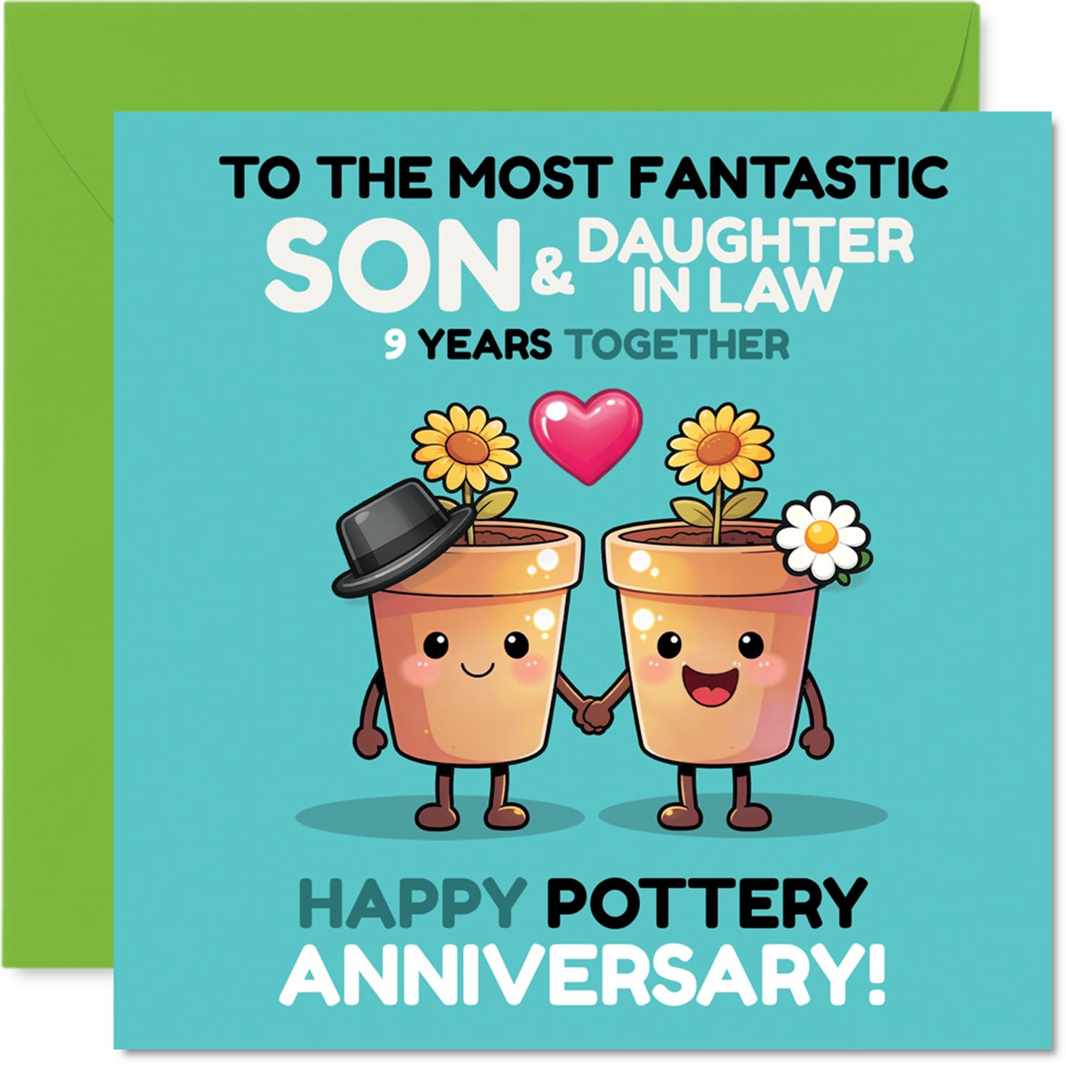 Playful 9th Anniversary Card for Son & Daughter in Law - Joyful Pottery Anniversary Vibes - 145mm Square, Envelope Included