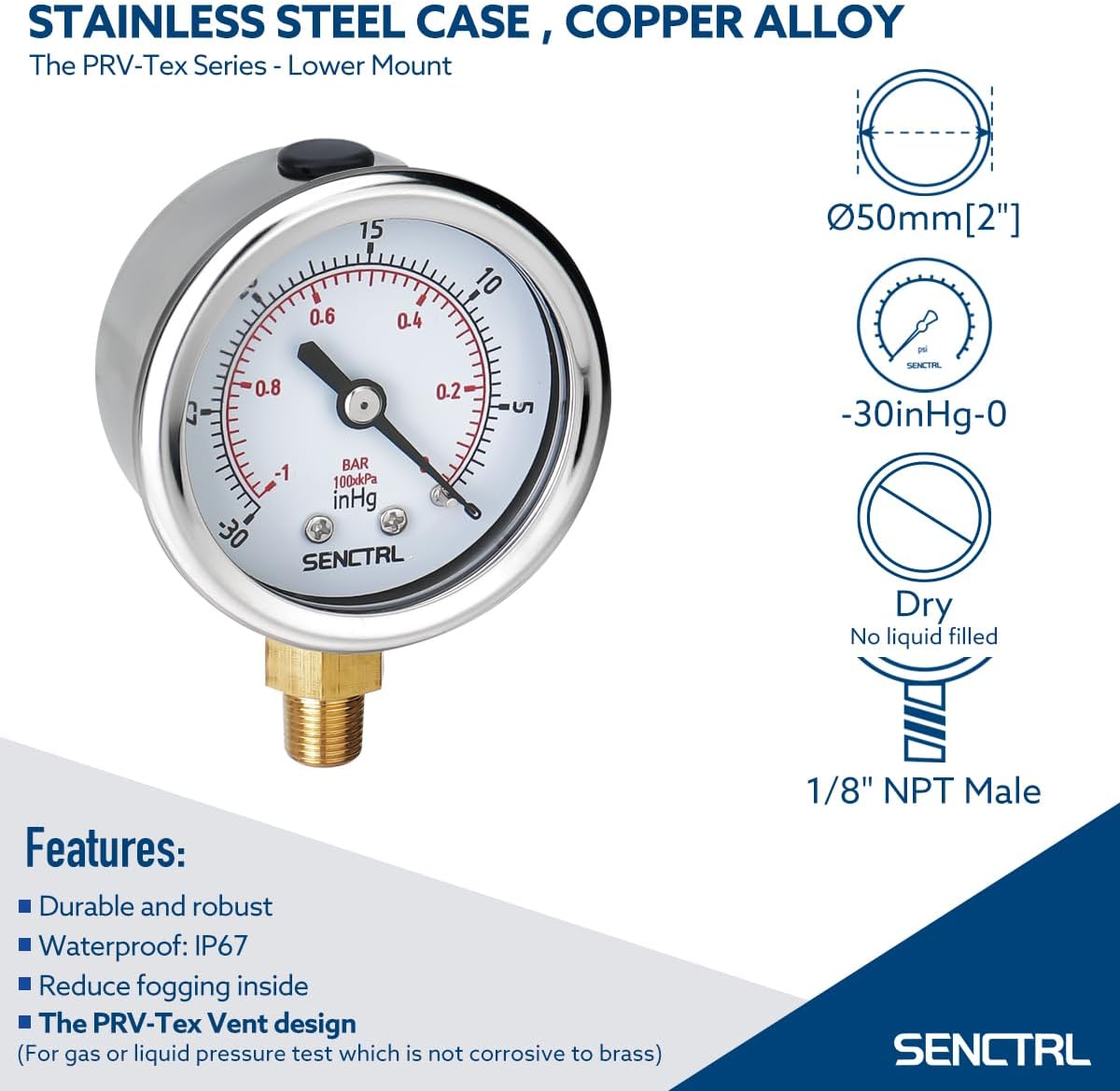 SENCTRL 30inHg Vacuum Pressure Gauge, 2" Dial, 1/8 NPT Lower Mount, Waterproof, Stainless Steel Case, for Tube Tester, HVAC, Pneumatic Air Compressor, Hand Pump, Valve Test