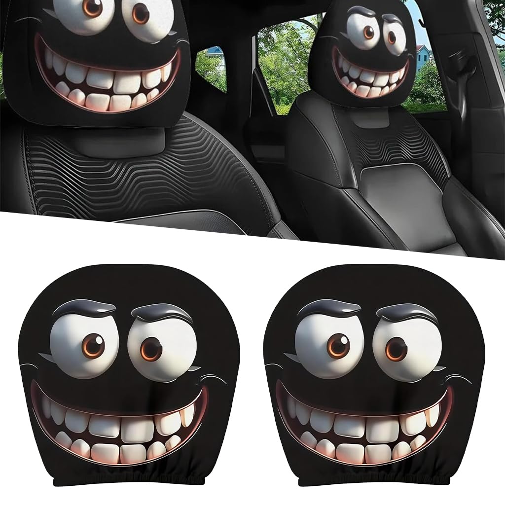 STHIRA® 2Pcs Car Head Rest for Car Covers Fun Stretchy Slip-on Cartoon Smirk Face Headrest Protective Cover Anti-Scratch Polyester Car Upholstery Accessories Headrest Pillow Covers-image-6