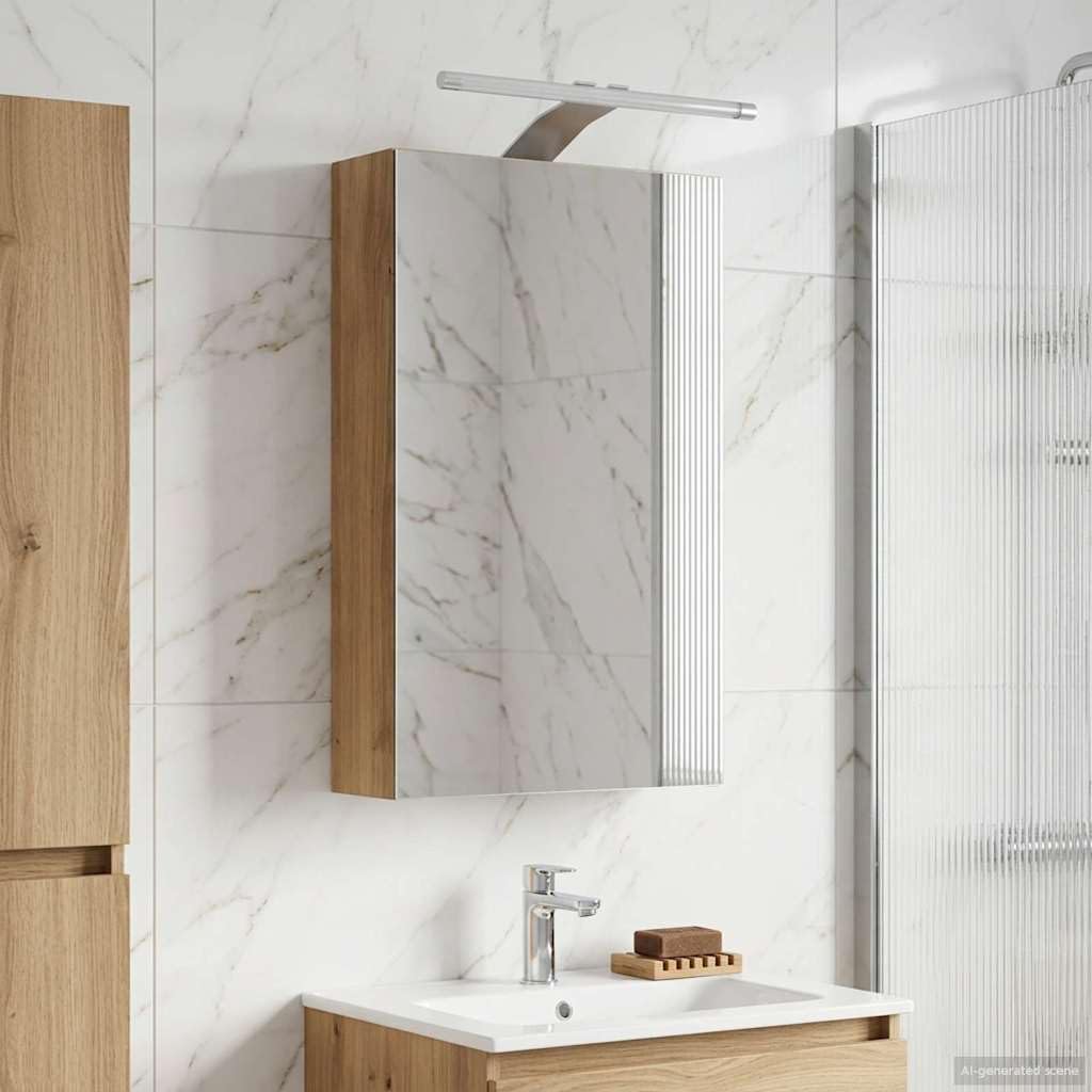 Armadietto da bagno a specchio artigianale in legno di rovere, montaggio a parete, scaffale, organizer per mobili da bagno e lavabo, 30 x 10,5 x 50 cm, strisce LED, interni
