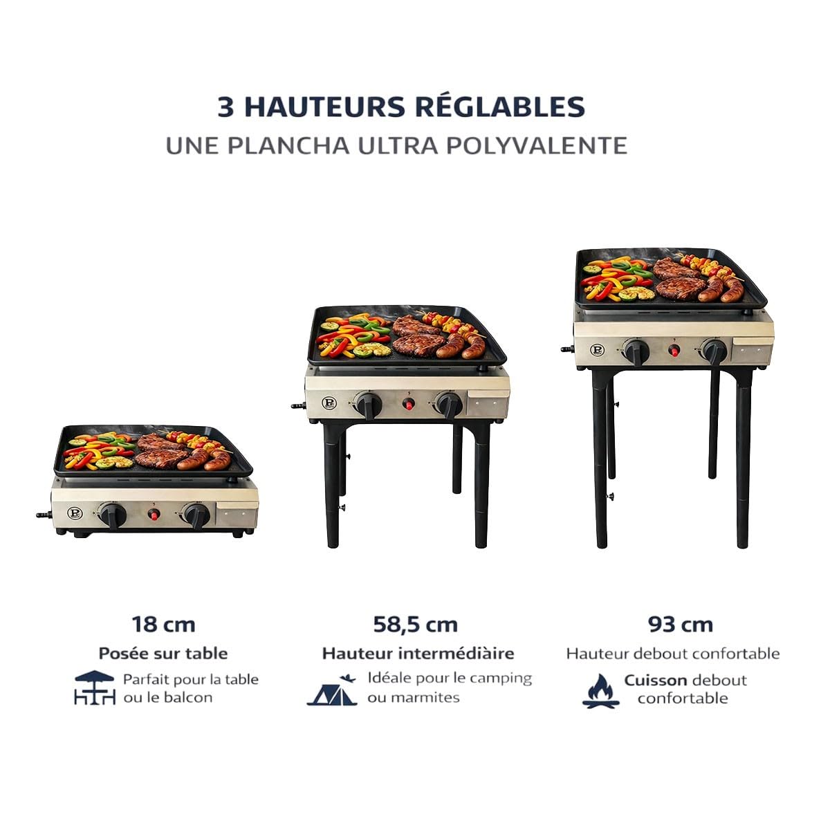 INTEC - Plancha gaz 4800W 2 Bruleurs Allumage Piezo Hauteur Réglable - Plaque de cuisson Céramique Camping Butane/Propane Cuisine Extérieure