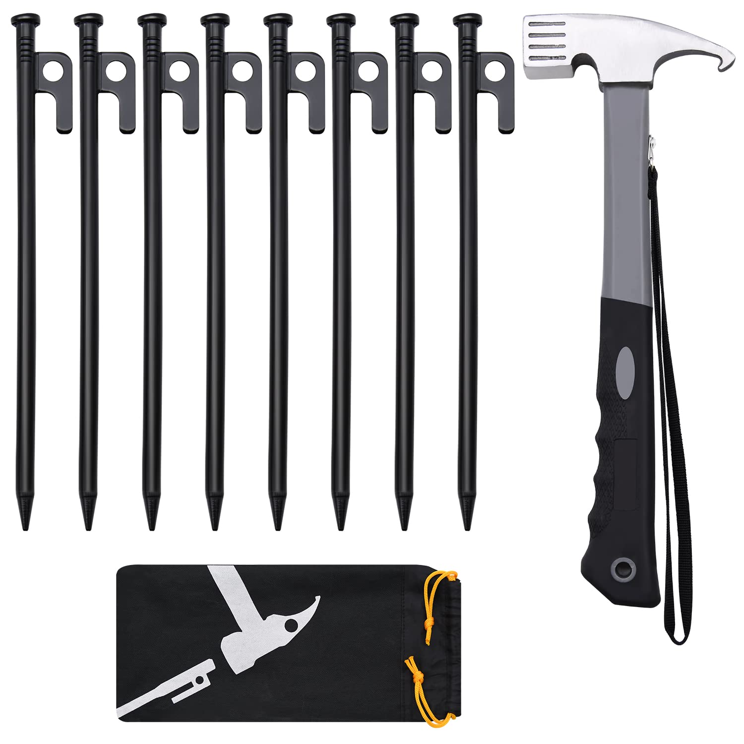 8pcs Tent Stakes and Hammer Set, 12in Heavy Duty Forged Steel Tent Stakes + Camping Hammer + Storage Pouch, Available in Rocky Place (8pcs 12in Stake+Hammer)