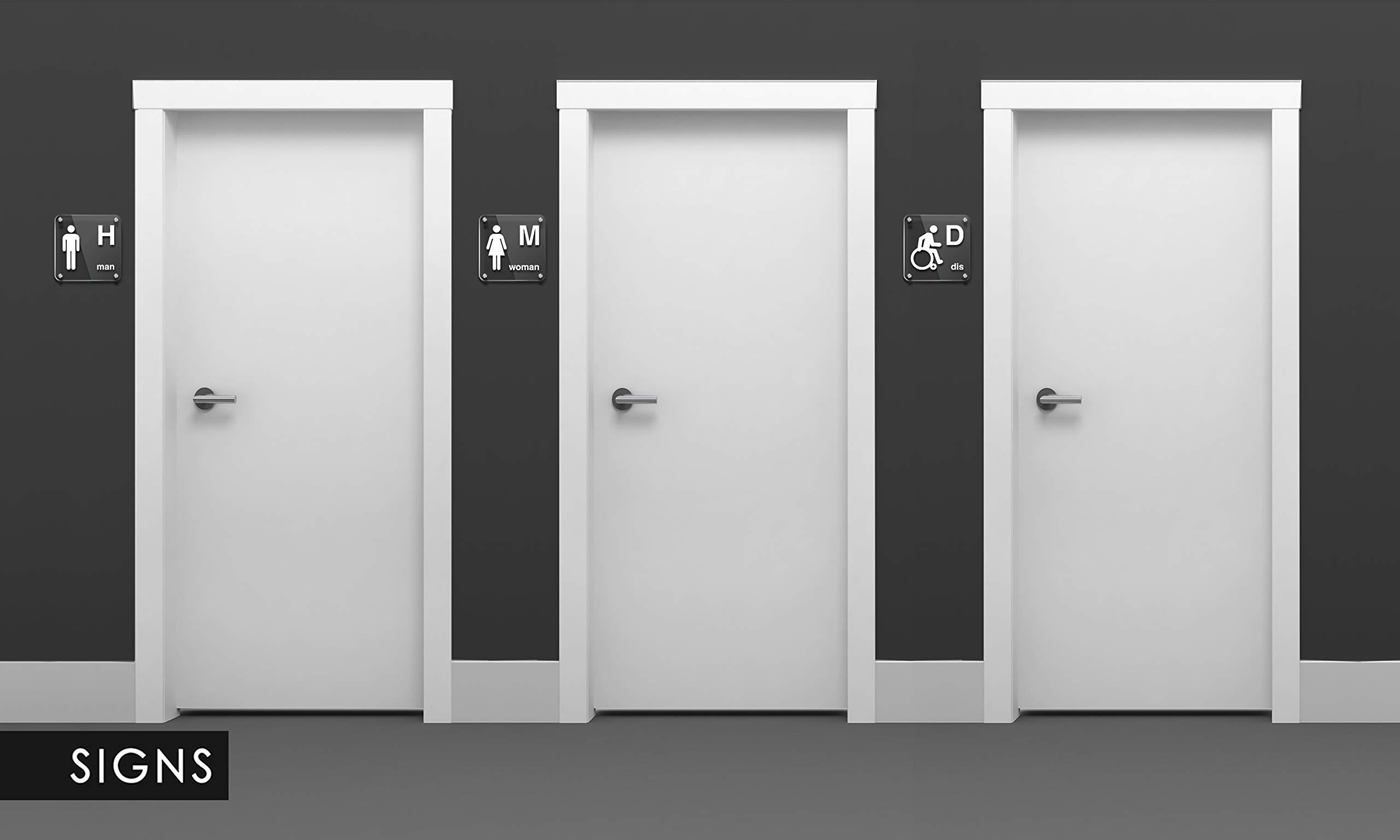 Signs [STAN08-bianco] Set 4X Placas de pared con separadores en relieve (Español/Inglés): Toilettes, Hombre, Mujer, Discapacitado, cartel de baño. Letrero WC de pared para inodoro y para puerta.