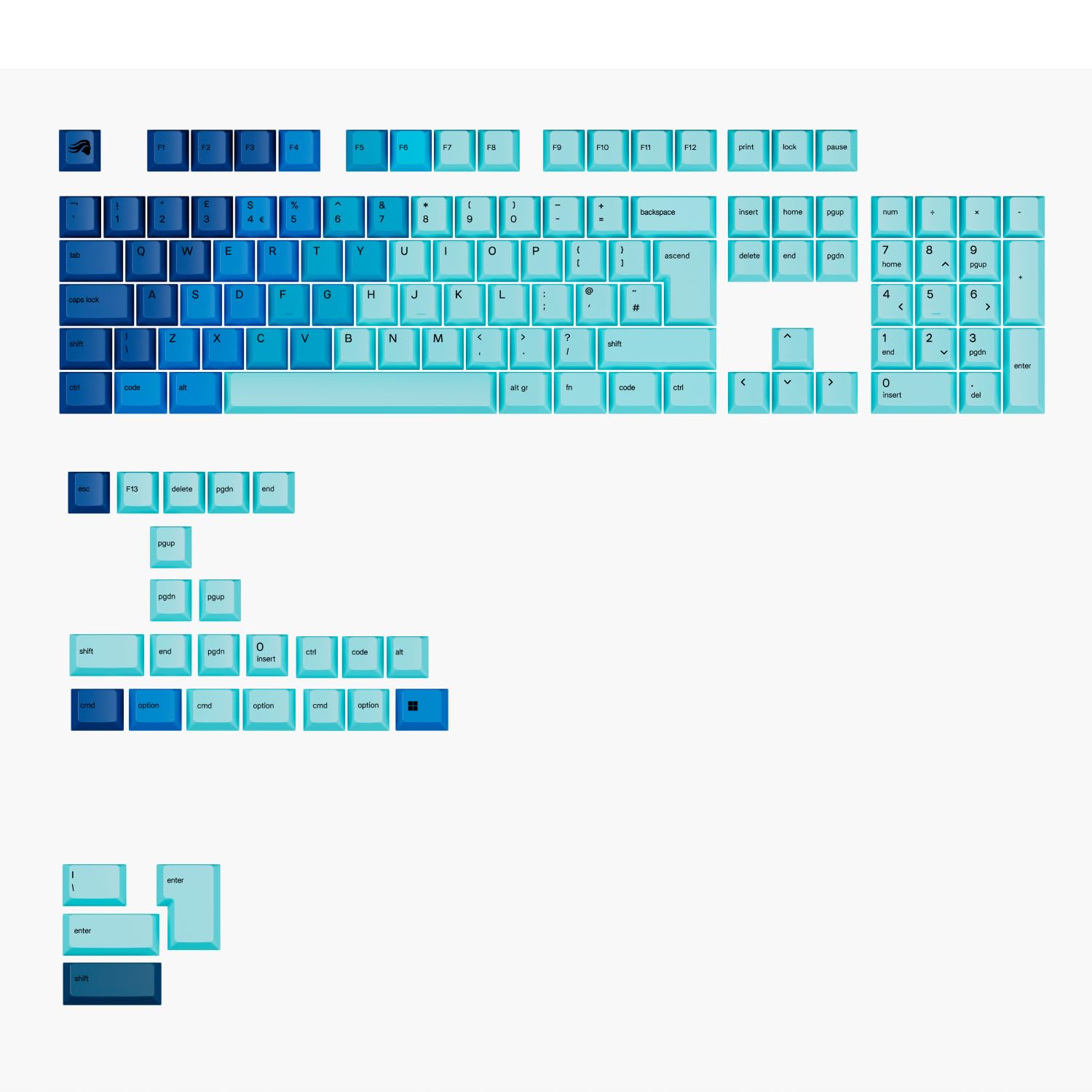 Glorious Gaming – GPBT Gradient-tangenter (Ocean) för mekaniska tangentbord, bleknar inte, passar till 100%,75%,65% och 60%,PBT-material, – Brittisk QWERTY-layout