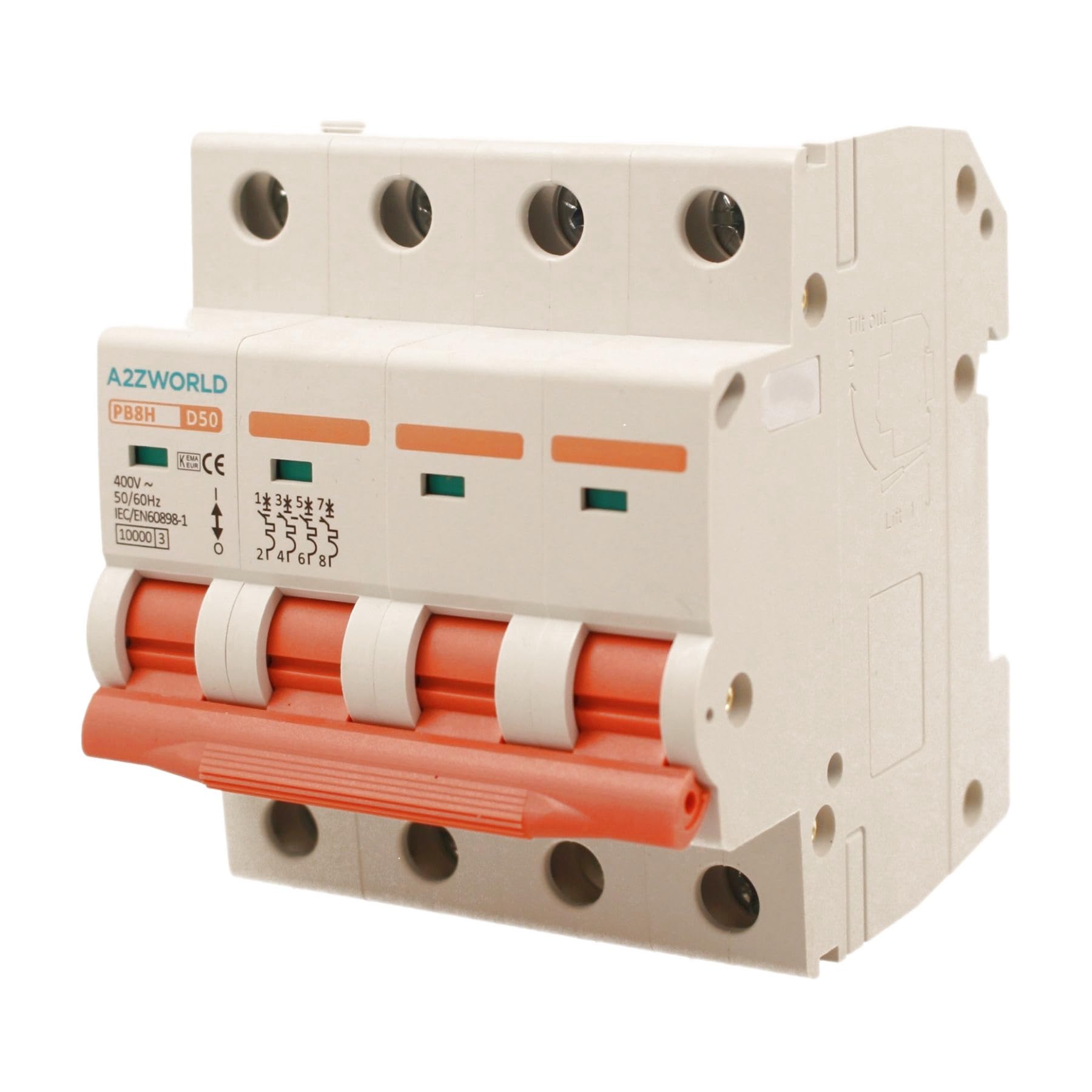 2 Pezzi Interruttore Magnetotermico Trifase 4P 50A D50, Curva D 10kA, 4 Moduli DIN 380V AC, Certificato IEC60898-1, Serie PB8H Professionale