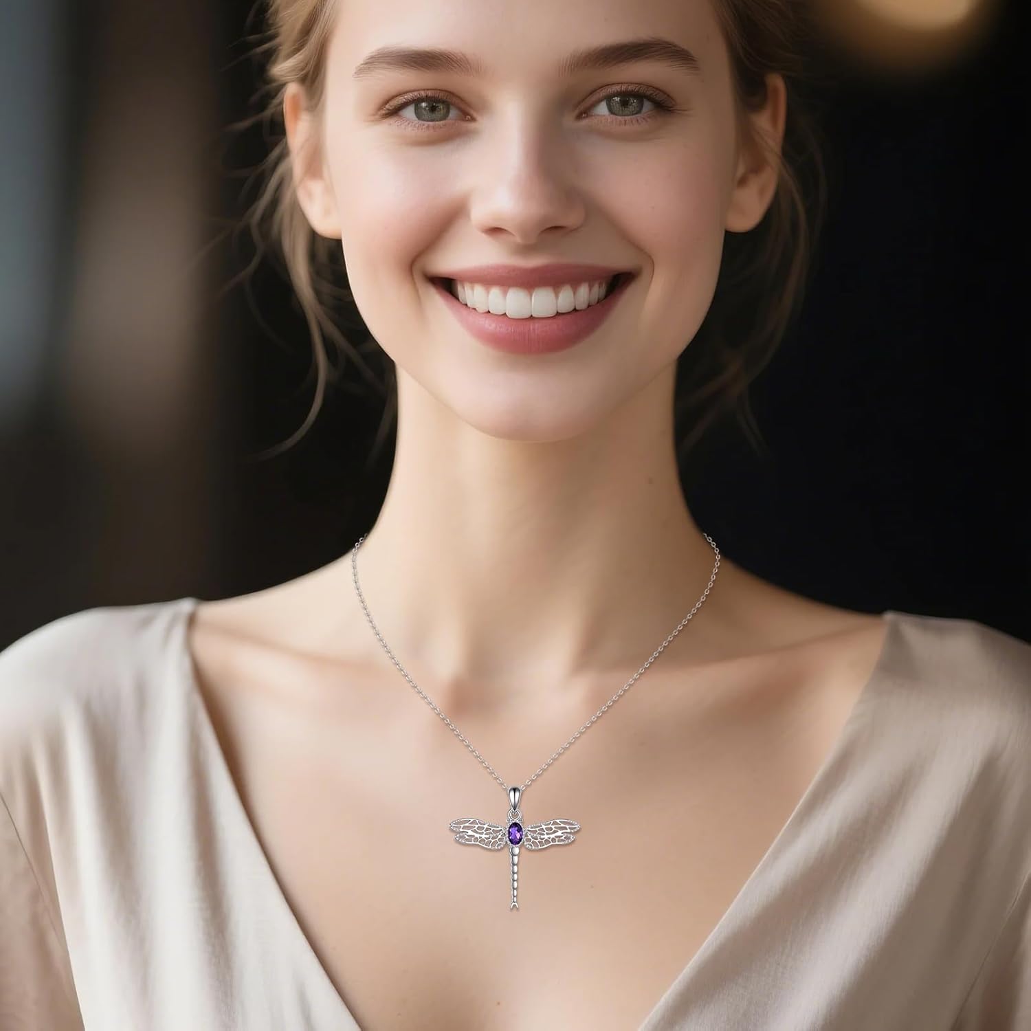 Dragonfly Necklace for Women 925 Sterling Silver Turquoise/Amethyst/Cubic Zirconia/Moonstone Pendant Dragonfly Jewelry Gifts for Women Family Friends - Image 2