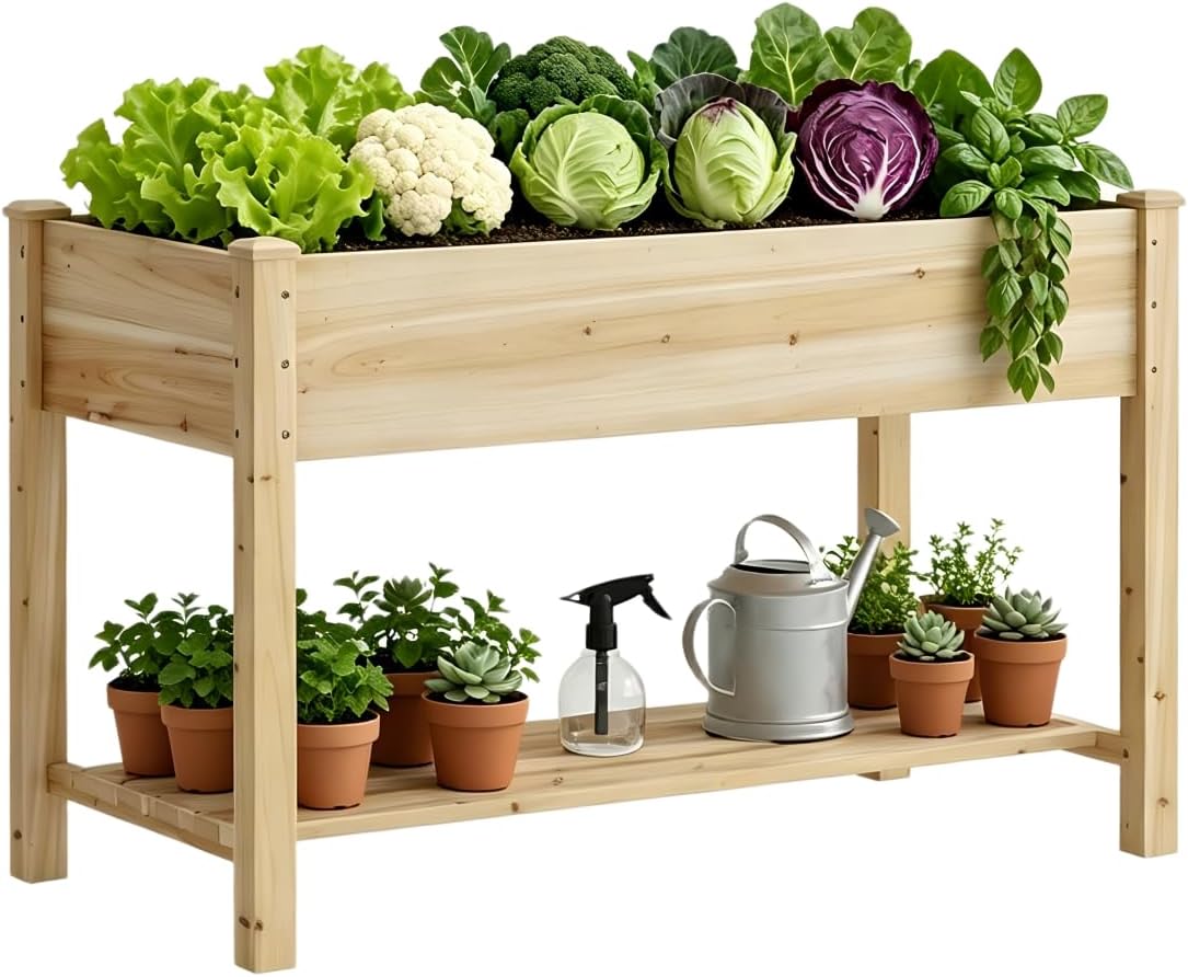 48x24x30.7in Wood Raised Garden Bed with Legs Wooden Planter Box with Storage Shelf Elevated Wood Planter Box for Vegetables Flowers Herbs Garden Planter for Backyard Patio Balcony (Natural, Medium)